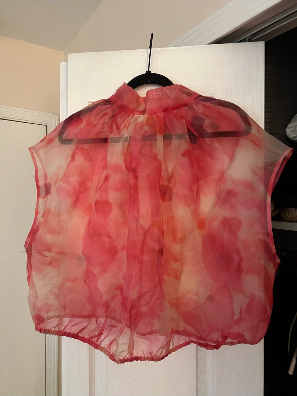 Sheer Organza Watercolor Floral Mock-Neck Blouse - Pink/Coral